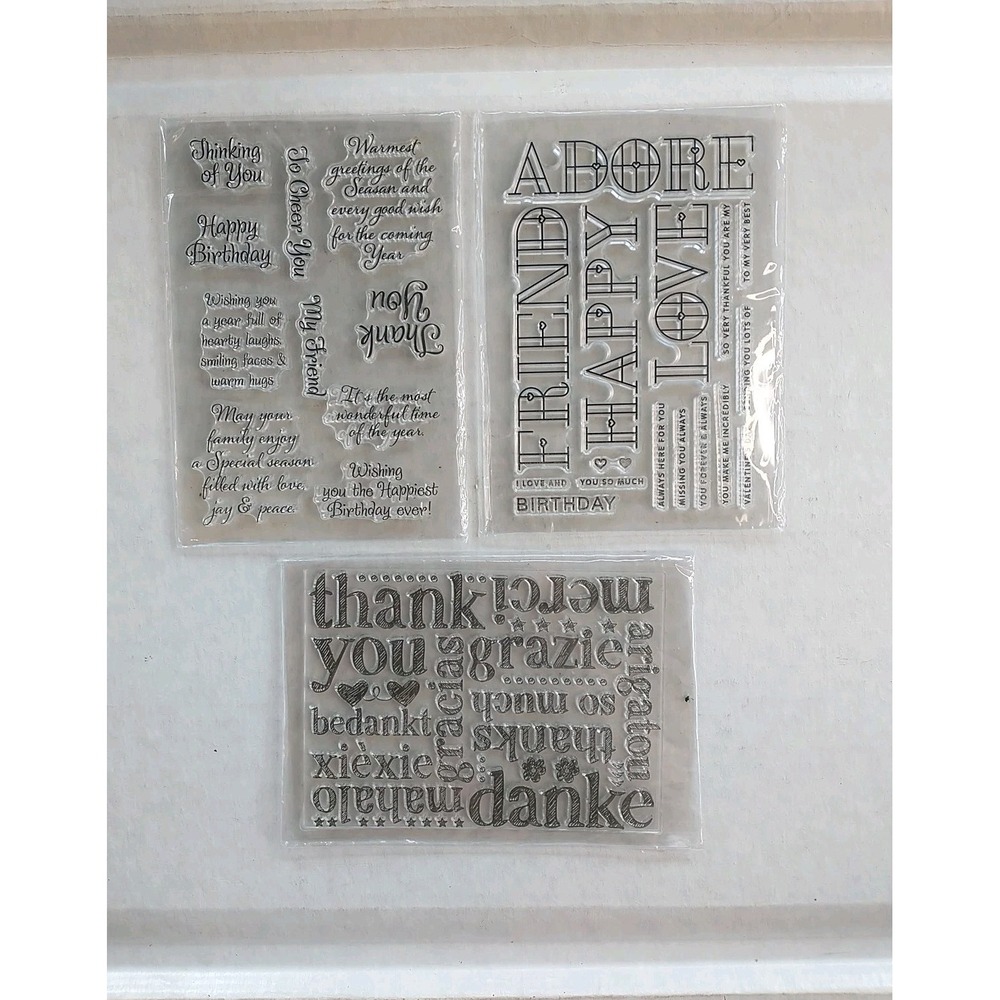Lot Clear Cling Stamps set Thank You Danke Merci Love Thinking Of You Happy Birt